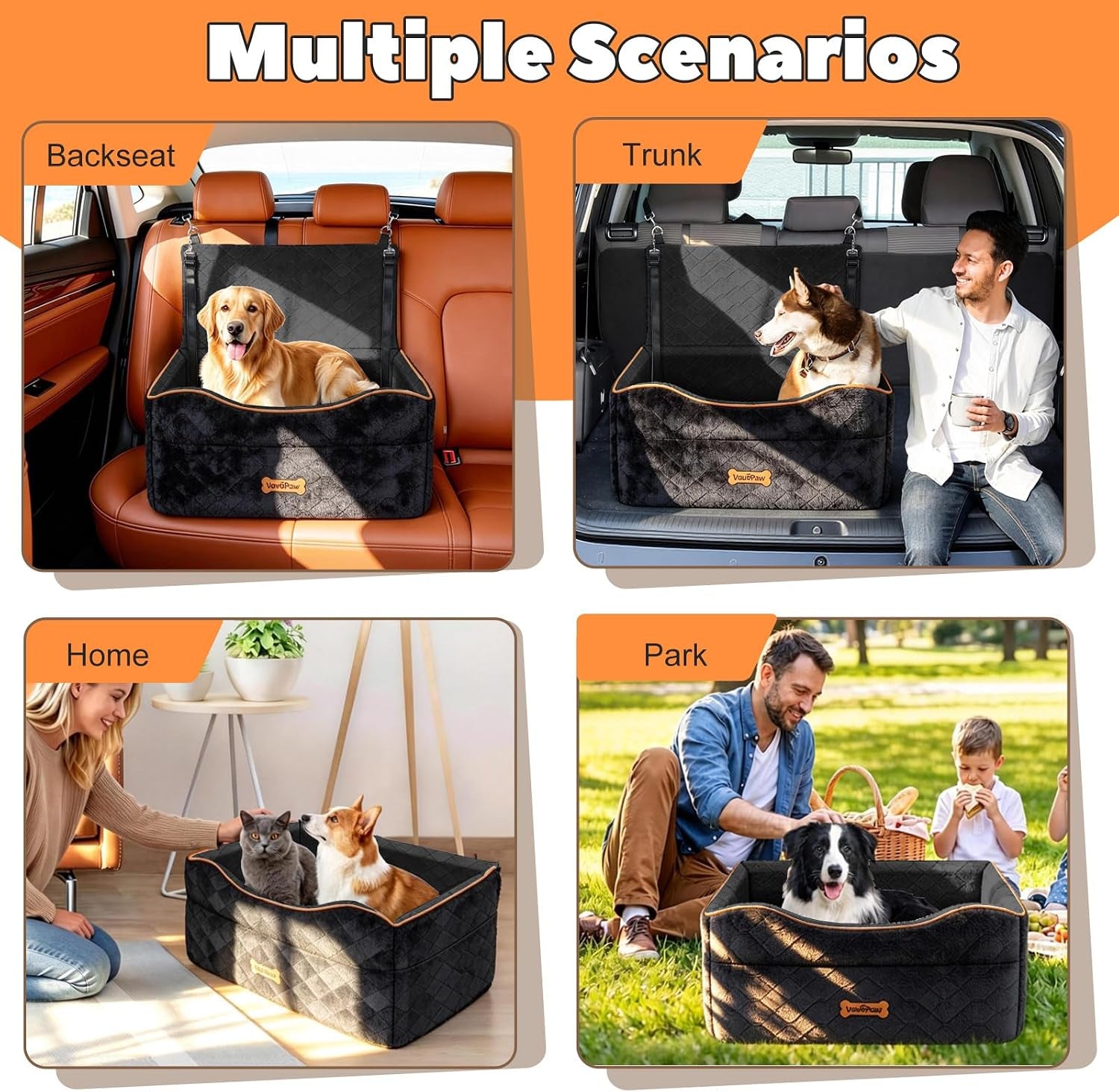 Medium Dog Car Seat, Dog Booster Seat under 50Lbs or 2 Small Dogs Washable, Pet Car Seats with 2 Safety Leash, Dogs Sofa Bed Cushion Add Thick Sponge, Pet Cars Carrier for Travel, Black