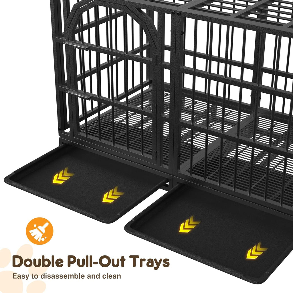 48 Inch Heavy Duty Dog Crate Indestructible Dog Kennel Large Indoor Escape Proof Big Cage for High Anxiety Large Dogs with Wheels, Locks and Removable Trays