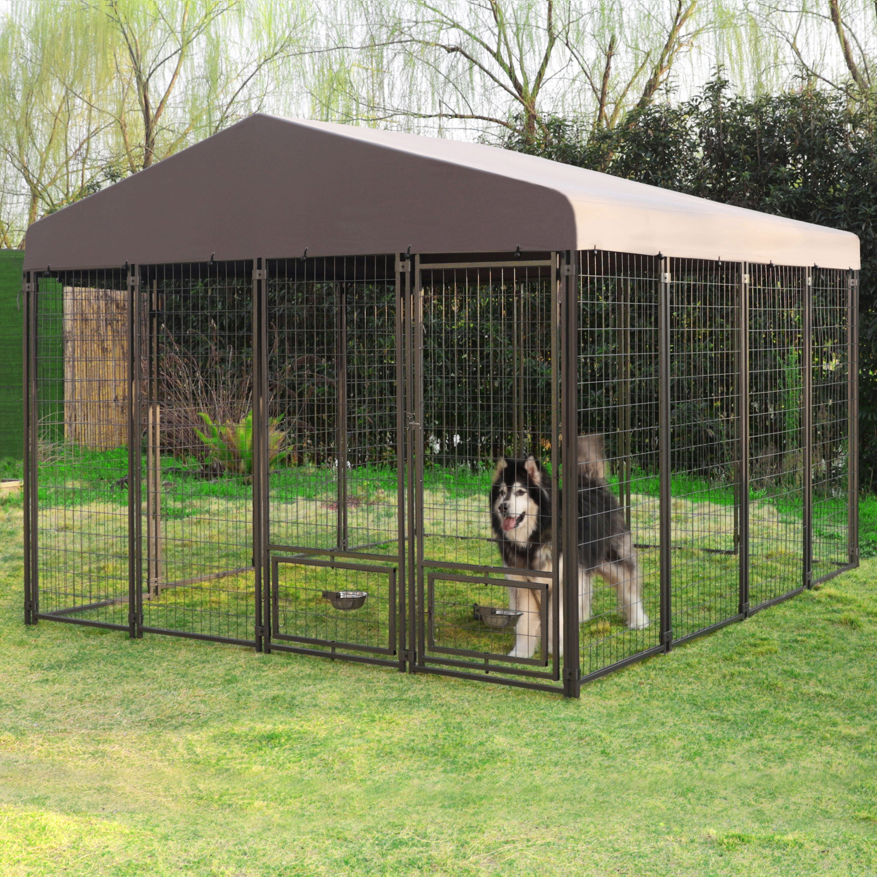 Metal Dog Kennel 90.4-In X 120.9-In Black Steel Indoor/Outdoor Pet Gazebo