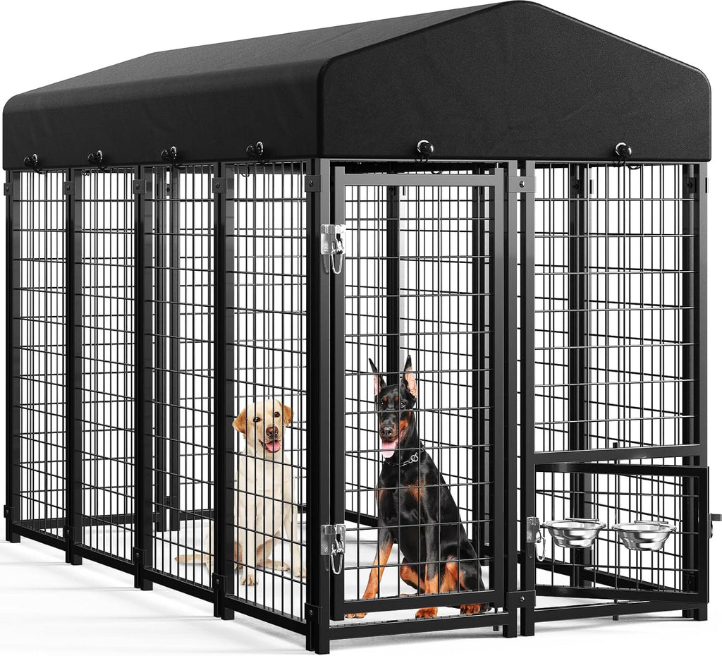 Outdoor Dog Kennel outside Run with Doggy Door, Swivel Feeder&Roof - 8X4X6Ft Large Dog Kennels Pens outside for Large Dogs Breed- Heavy Duty Cage Yard (Can Connect to Your Dog House)