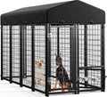 Outdoor Dog Kennel outside Run with Doggy Door, Swivel Feeder&Roof - 8X4X6Ft Large Dog Kennels Pens outside for Large Dogs Breed- Heavy Duty Cage Yard (Can Connect to Your Dog House)