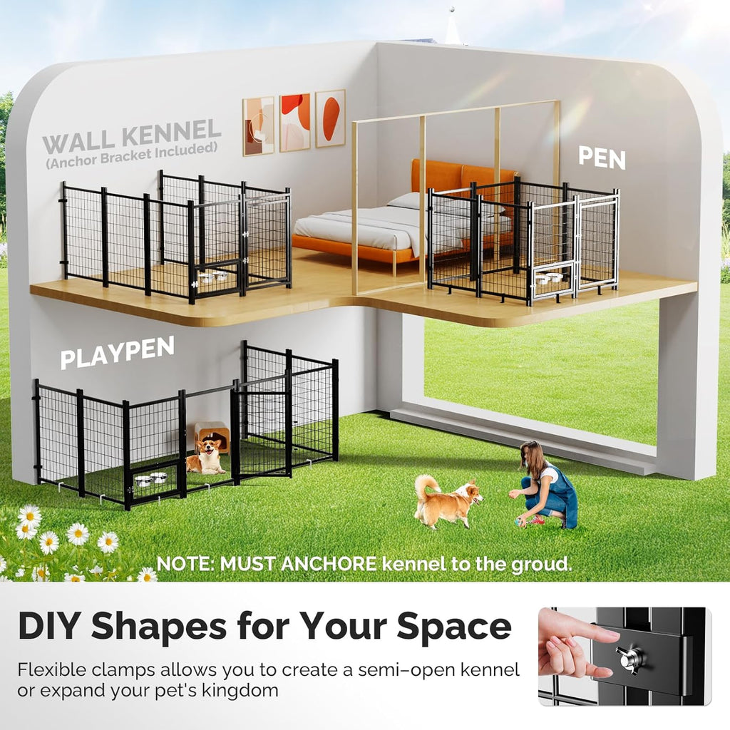 Outdoor Dog Kennel outside Run with Doggy Door, Swivel Feeder&Roof - 8X4X6Ft Large Dog Kennels Pens outside for Large Dogs Breed- Heavy Duty Cage Yard (Can Connect to Your Dog House)