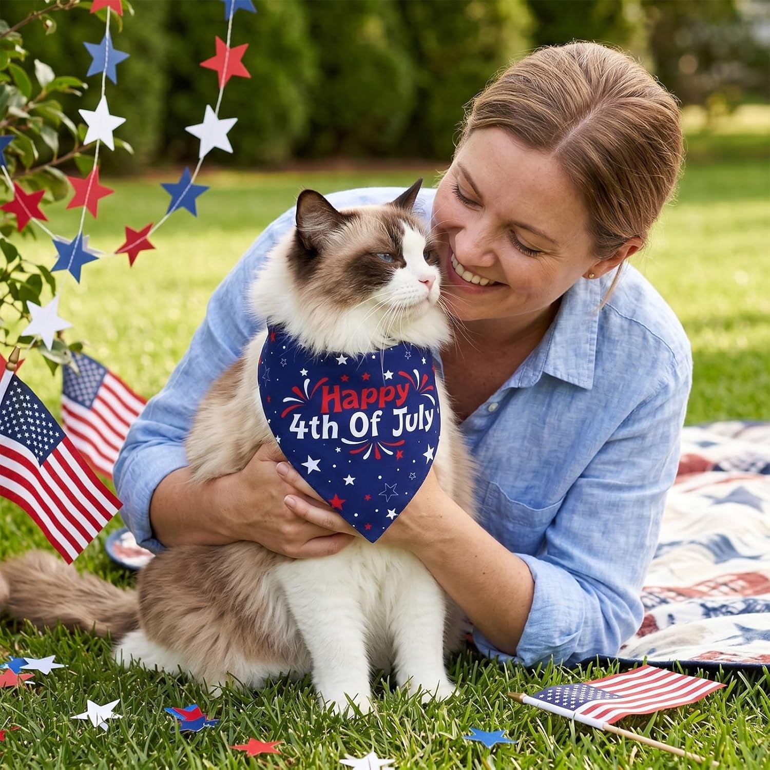 4Th of July Bandanas for Dog - 2 Pcs Reversible Patriotic Dog Bandanas with Star for Fourth of July Memorial Independence Day Parades Freedom Day Family Photos
