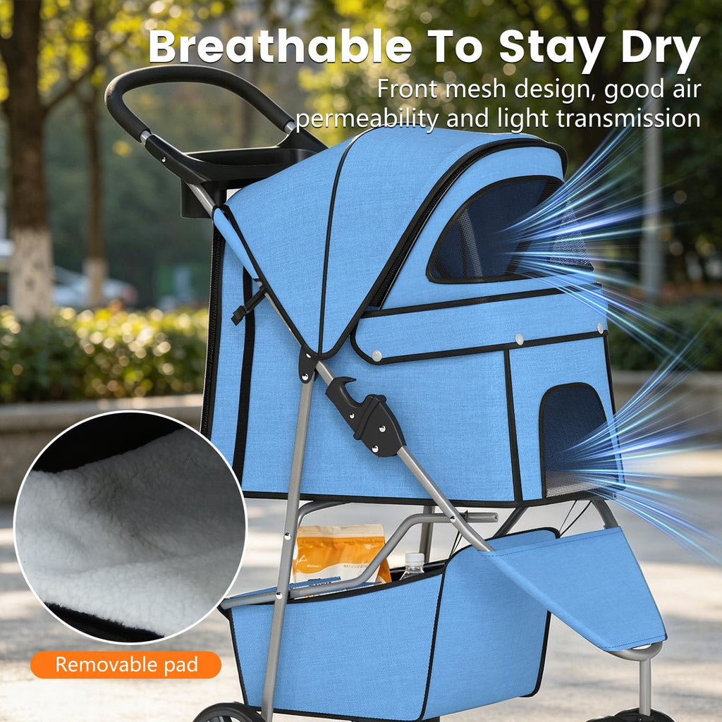 | 3-Wheel Pet Stroller | Dog and Cat Stroller | Breathable Mesh | Lightweight Travel Carrier | Waterproof & Foldable Design | Storage Basket | Blue | for Daily Walks & Outdoor Use