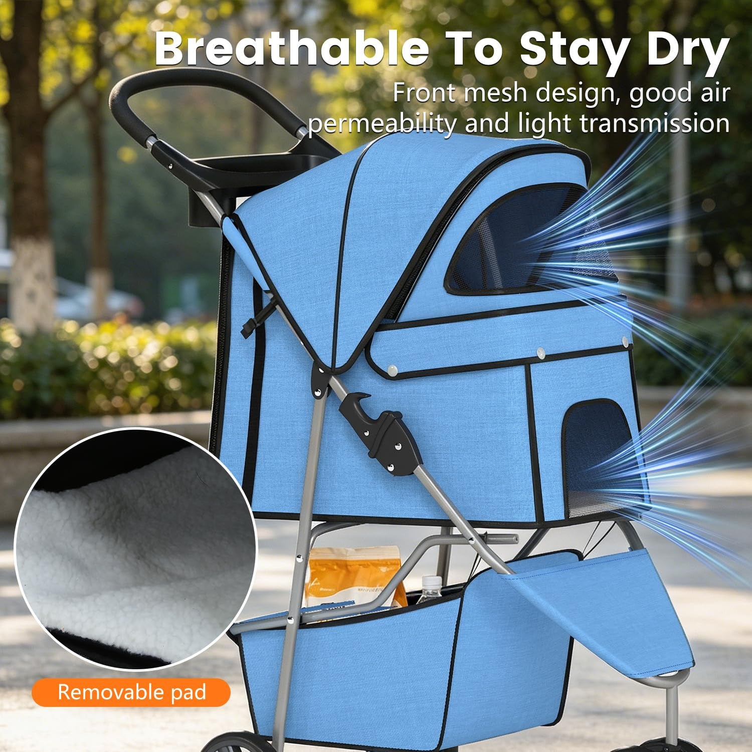 | 3-Wheel Pet Stroller | Dog and Cat Stroller | Breathable Mesh | Lightweight Travel Carrier | Waterproof & Foldable Design | Storage Basket | Blue | for Daily Walks & Outdoor Use
