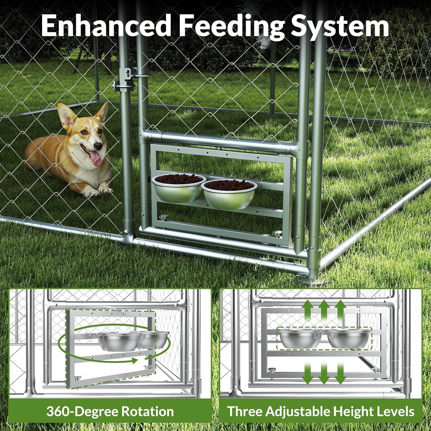 10X10 Ft Dog Kennel Outside, Outdoor Dog Kennel with Roof, Dog Kennels Outdoor with Steel Rotating Feeder Bowls, outside Kennel for Large Dogs