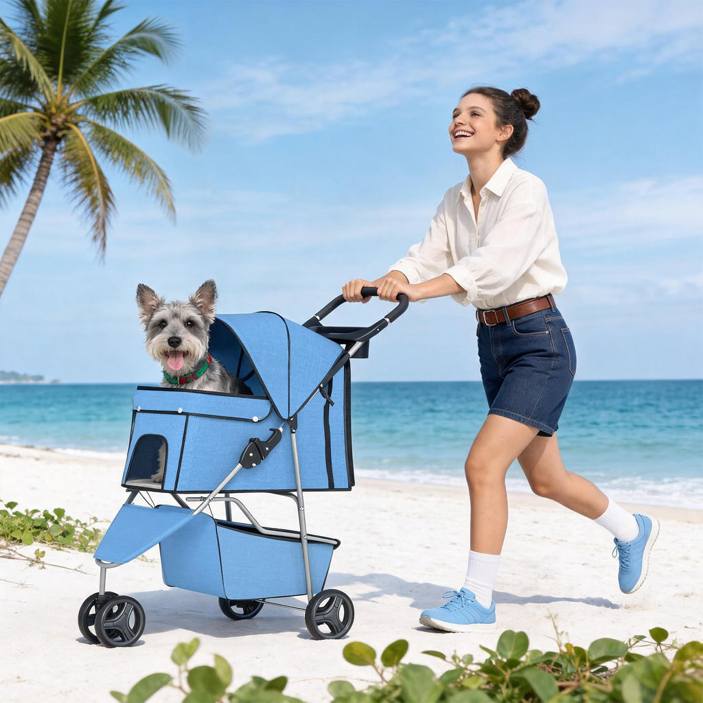 | 3-Wheel Pet Stroller | Dog and Cat Stroller | Breathable Mesh | Lightweight Travel Carrier | Waterproof & Foldable Design | Storage Basket | Blue | for Daily Walks & Outdoor Use