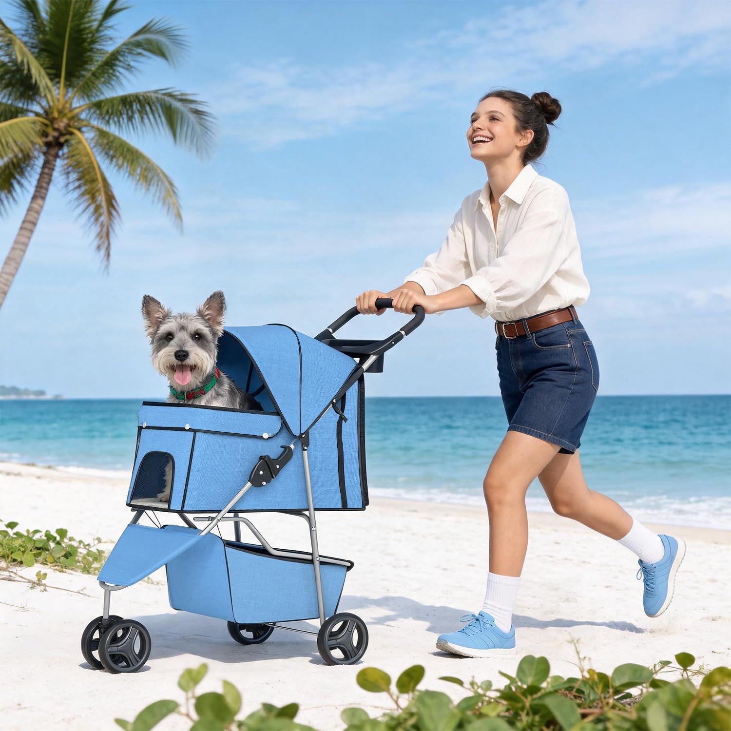 | 3-Wheel Pet Stroller | Dog and Cat Stroller | Breathable Mesh | Lightweight Travel Carrier | Waterproof & Foldable Design | Storage Basket | Blue | for Daily Walks & Outdoor Use