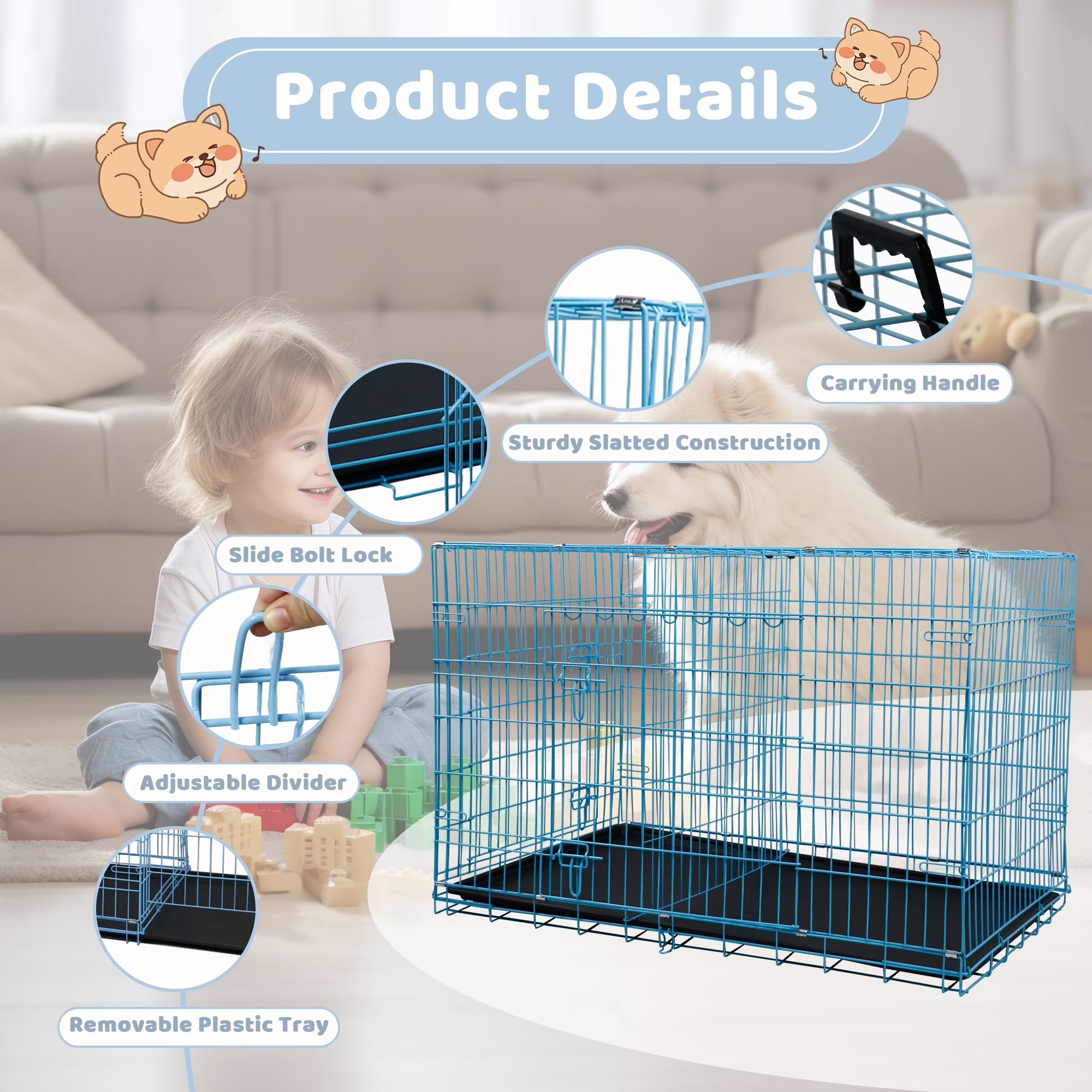 42 Inch Dog Crate, Dog Crates and Kennels for Big Dog Foldable Large Dog Crate for Large Dogs with Handle Double-Door Outdoor Metal Wire Dog Cage with Plastic Tray for Medium Dogs, Blue