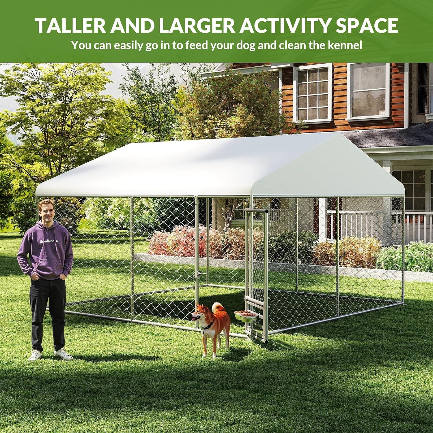 10X10 Ft Dog Kennel Outside, Outdoor Dog Kennel with Roof, Dog Kennels Outdoor with Steel Rotating Feeder Bowls, outside Kennel for Large Dogs