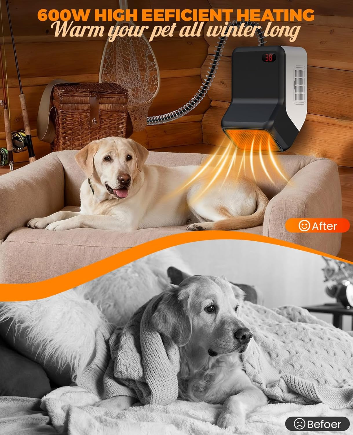 Dog House Heater with Thermostat,Pet Heater with Safe Overheat Protection and 6FT anti Chew Cord,2 Heating Mode (600/300W) Pet Warmer Suitable for Dogs Chicken Coops Rabbits