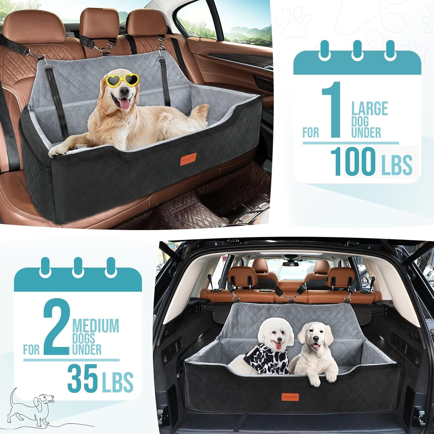 Large Dog Car Seat under 100 Lbs, Washable Dog Car Bed for 2 Medium Dogs, Detachable Pet Booster Seat with Storage Pocket and Seat Belt for Back Seat Dog Travel Bed