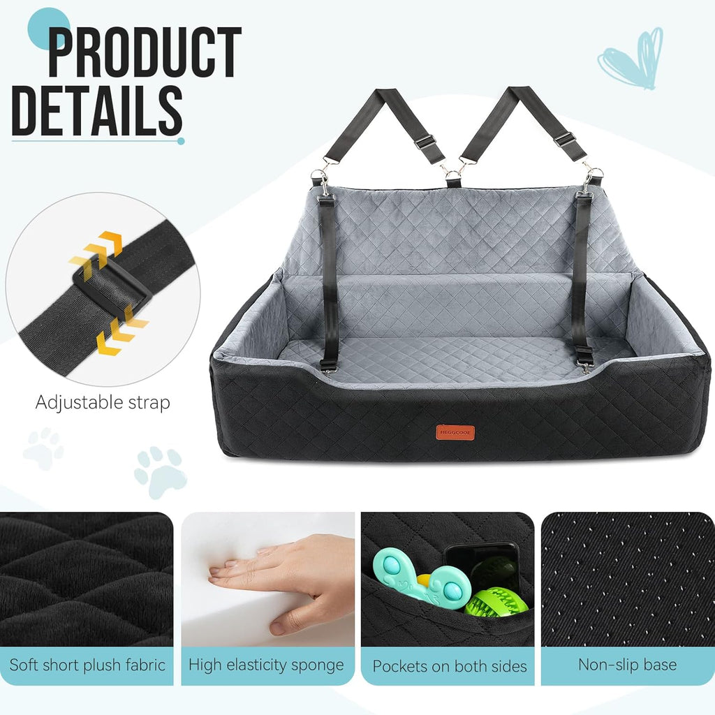 Large Dog Car Seat under 100 Lbs, Washable Dog Car Bed for 2 Medium Dogs, Detachable Pet Booster Seat with Storage Pocket and Seat Belt for Back Seat Dog Travel Bed