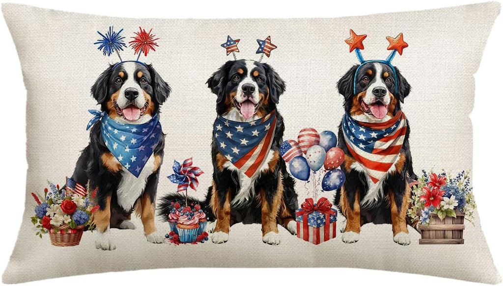 4Th of July Memorial Day Patriotic Lumbar Throw Pillow Cover,12X20 Inch Dog Flowers Independence Day American Fourth of July Decoration for Sofa Couch