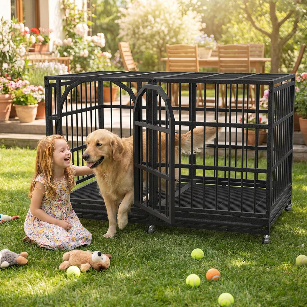 48 Inch Heavy Duty Dog Crate Indestructible Dog Kennel Large Indoor Escape Proof Big Cage for High Anxiety Large Dogs with Wheels, Locks and Removable Trays