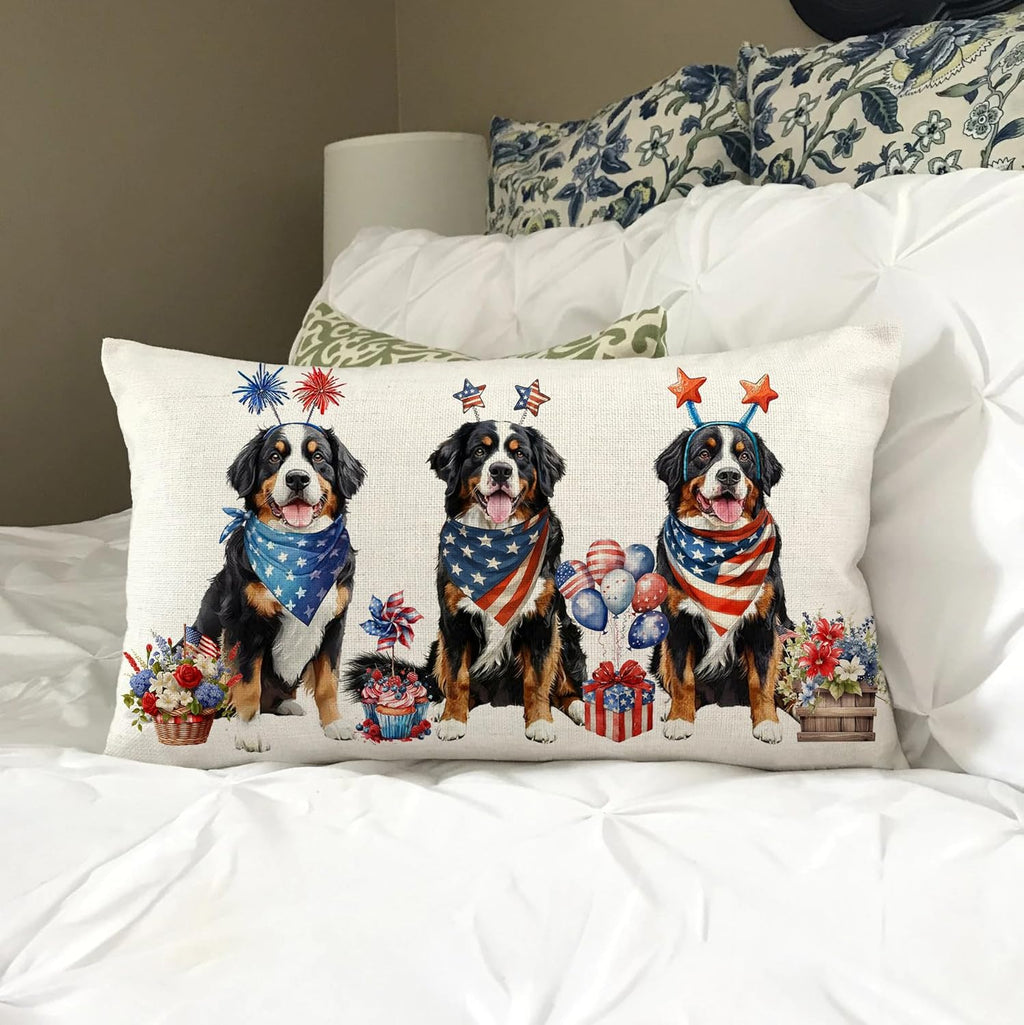 4Th of July Memorial Day Patriotic Lumbar Throw Pillow Cover,12X20 Inch Dog Flowers Independence Day American Fourth of July Decoration for Sofa Couch