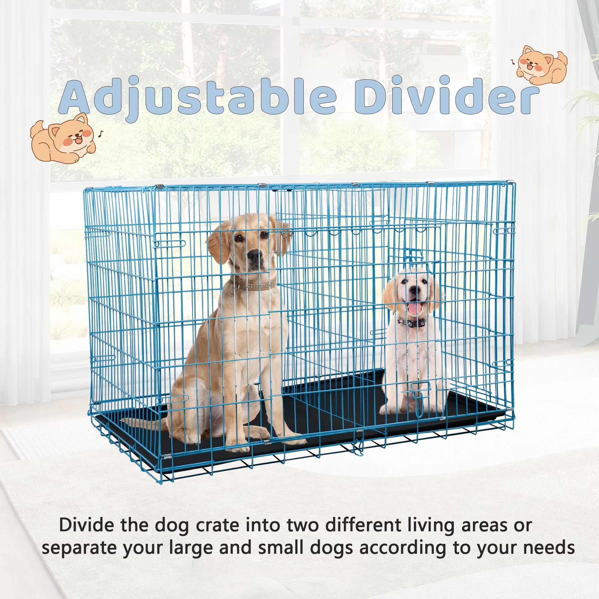 42 Inch Dog Crate, Dog Crates and Kennels for Big Dog Foldable Large Dog Crate for Large Dogs with Handle Double-Door Outdoor Metal Wire Dog Cage with Plastic Tray for Medium Dogs, Blue