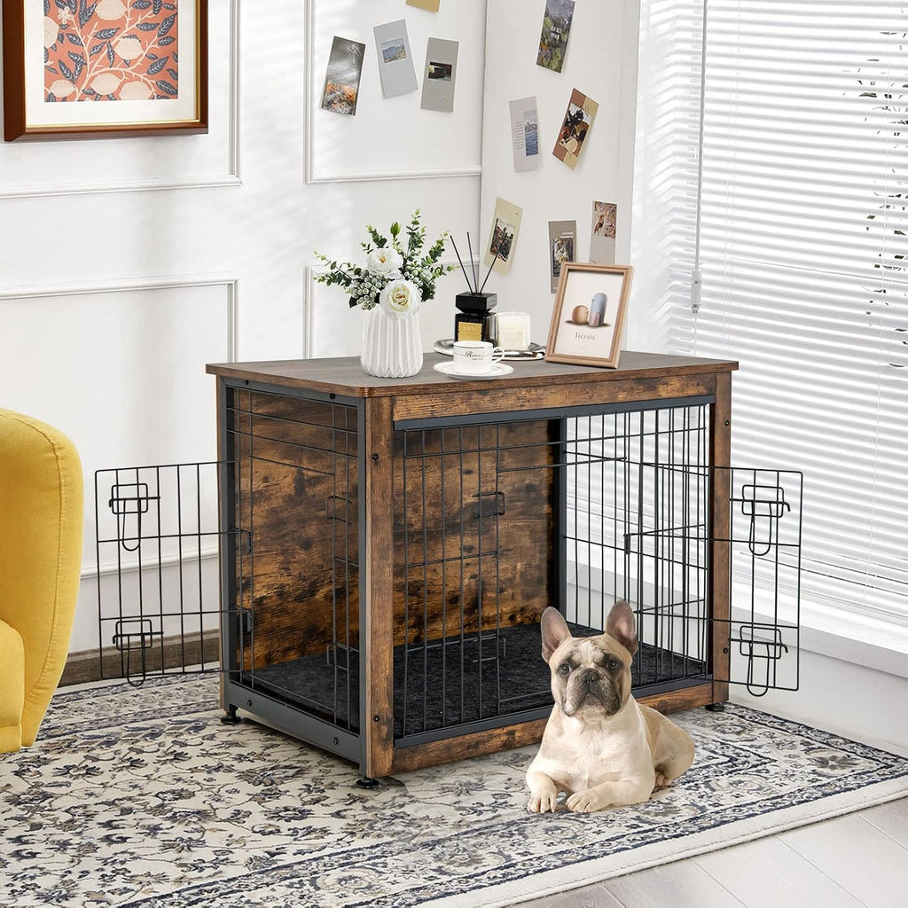 Dog Crate Furniture with Removable Tray/Felt Mat, Wood Dog Cage End Table for Small & Medium Dogs, Industrial Double Doors Chew-Proof Dog House Dog Kennel Indoor