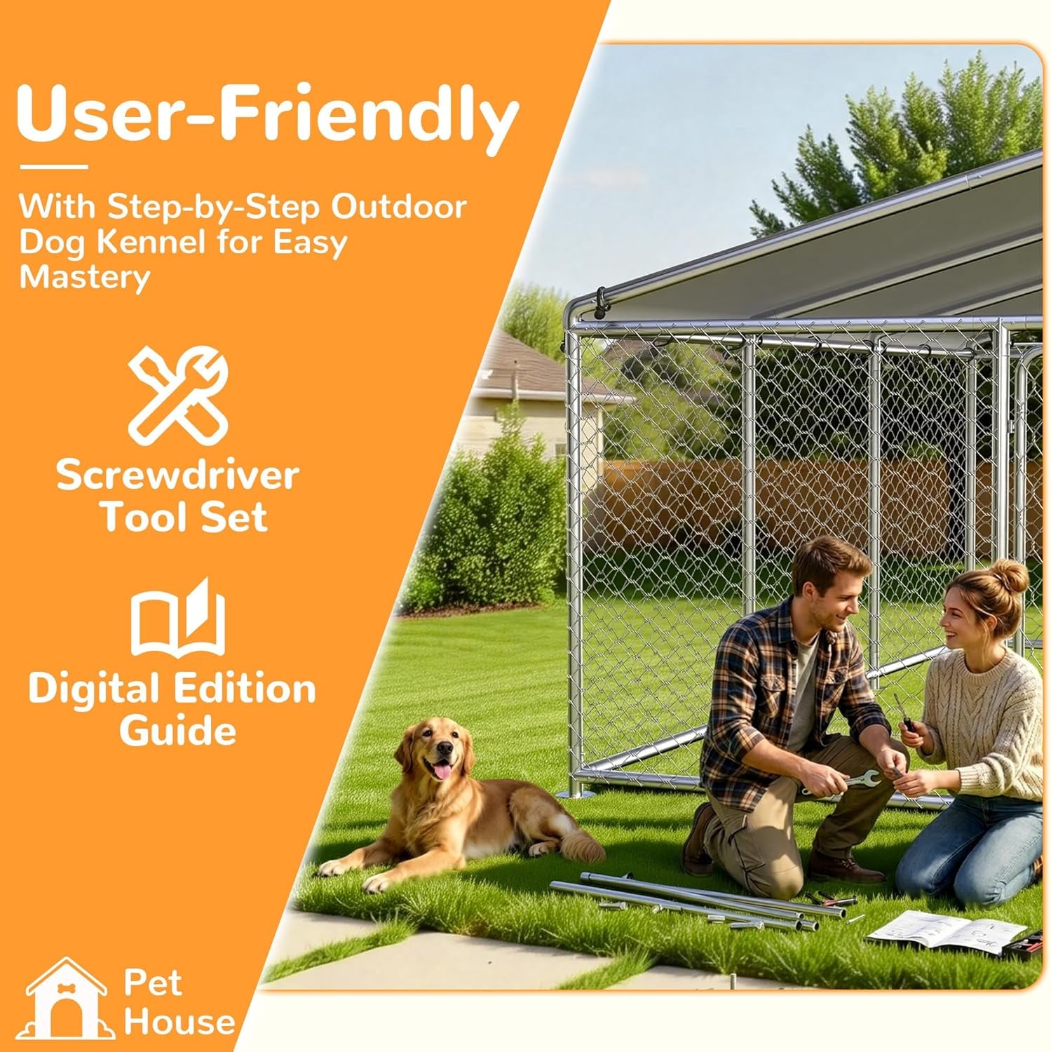 7.8X7.8 FT Extra Large & Heavy Duty Dog Kennel Run - Outdoor Metal Enclosure with Lockable Door and Waterproof Cover for Big Dogs