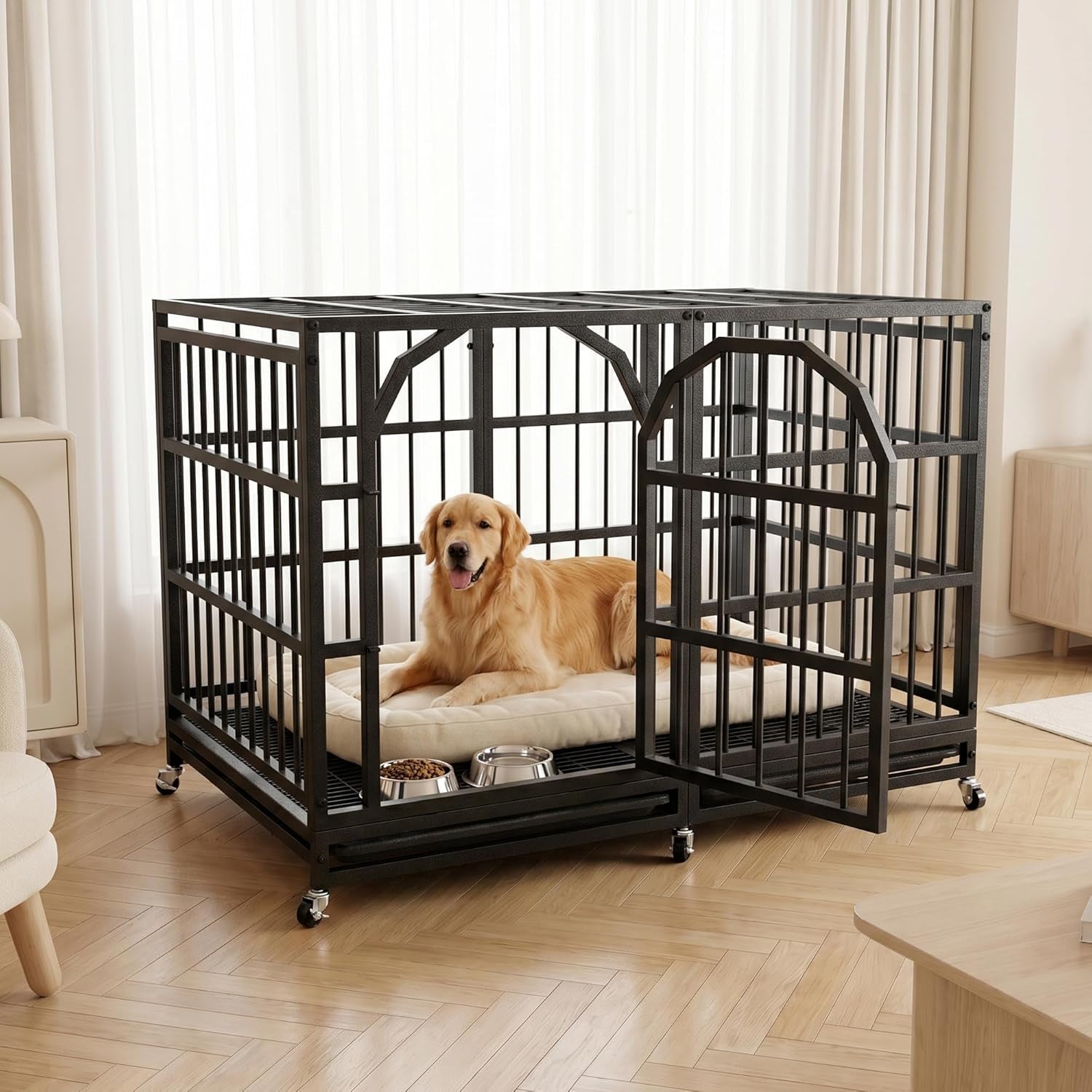 48 Inch Heavy Duty Dog Crate Indestructible Dog Kennel Large Indoor Escape Proof Big Cage for High Anxiety Large Dogs with Wheels, Locks and Removable Trays