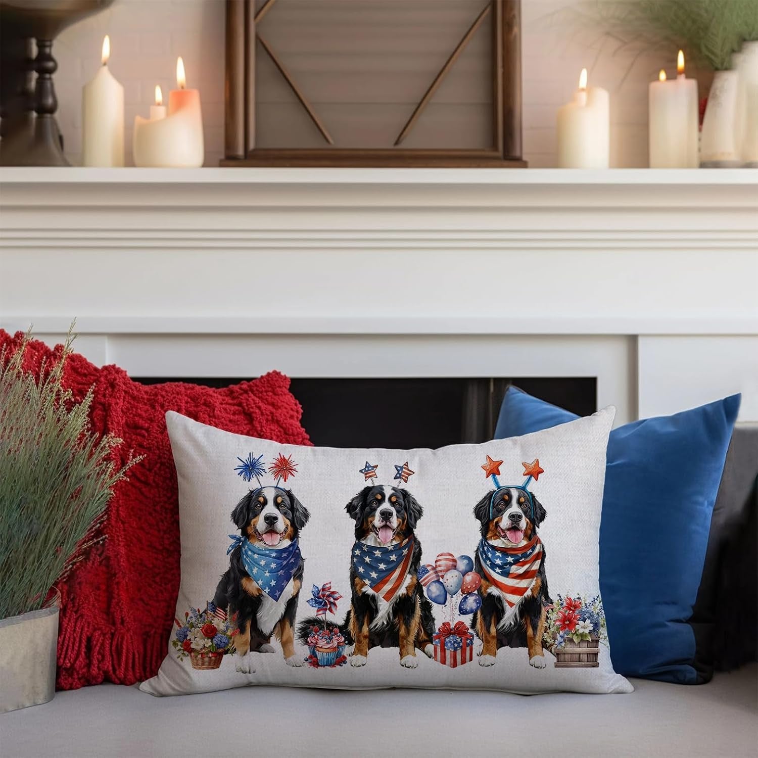 4Th of July Memorial Day Patriotic Lumbar Throw Pillow Cover,12X20 Inch Dog Flowers Independence Day American Fourth of July Decoration for Sofa Couch