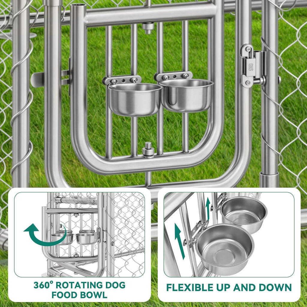10'X10' Dog Kennel Outdoor with Rotating Feeder Bowls, Outdoor Dog Pens with Roof, Heavy Duty Dog House for Medium Large Dogs