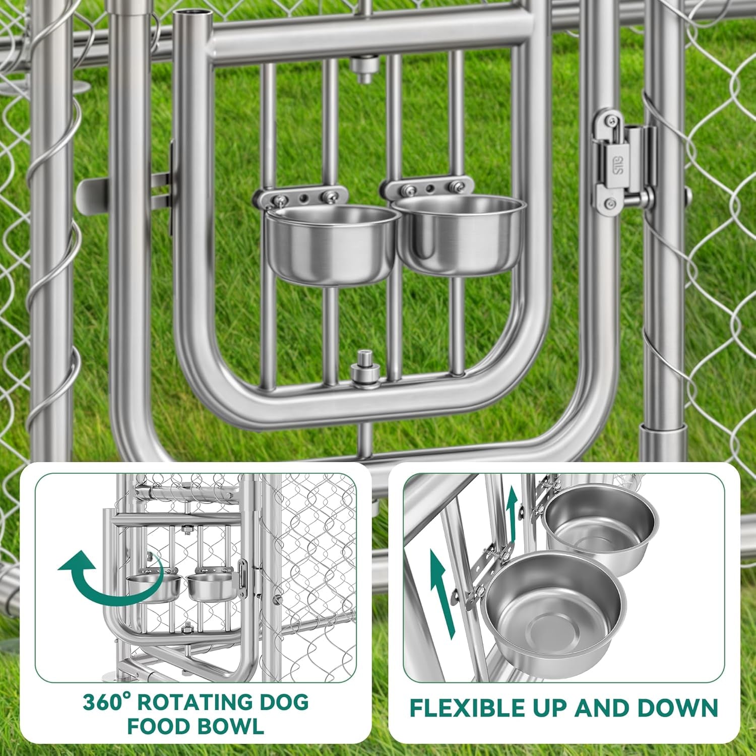 10'X10' Dog Kennel Outdoor with Rotating Feeder Bowls, Outdoor Dog Pens with Roof, Heavy Duty Dog House for Medium Large Dogs
