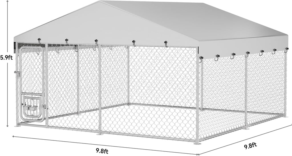 10'X10' Dog Kennel Outdoor with Rotating Feeder Bowls, Outdoor Dog Pens with Roof, Heavy Duty Dog House for Medium Large Dogs