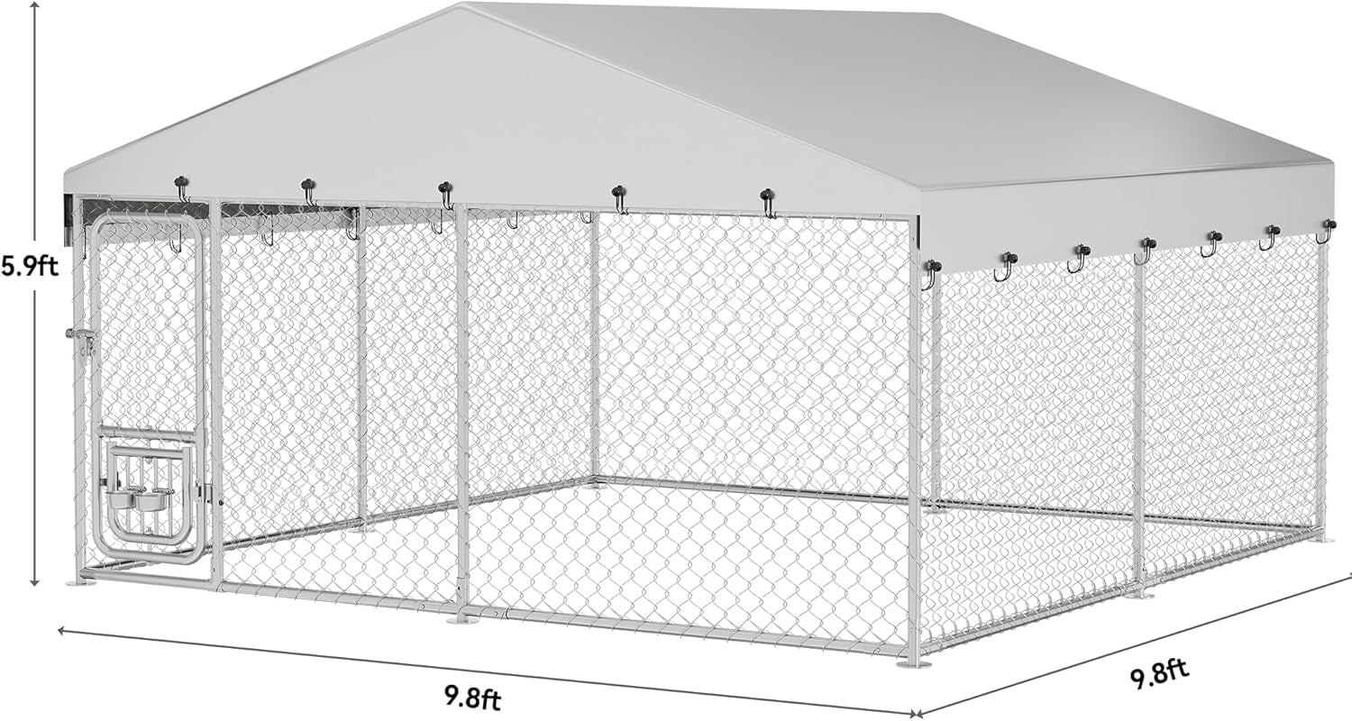 10'X10' Dog Kennel Outdoor with Rotating Feeder Bowls, Outdoor Dog Pens with Roof, Heavy Duty Dog House for Medium Large Dogs