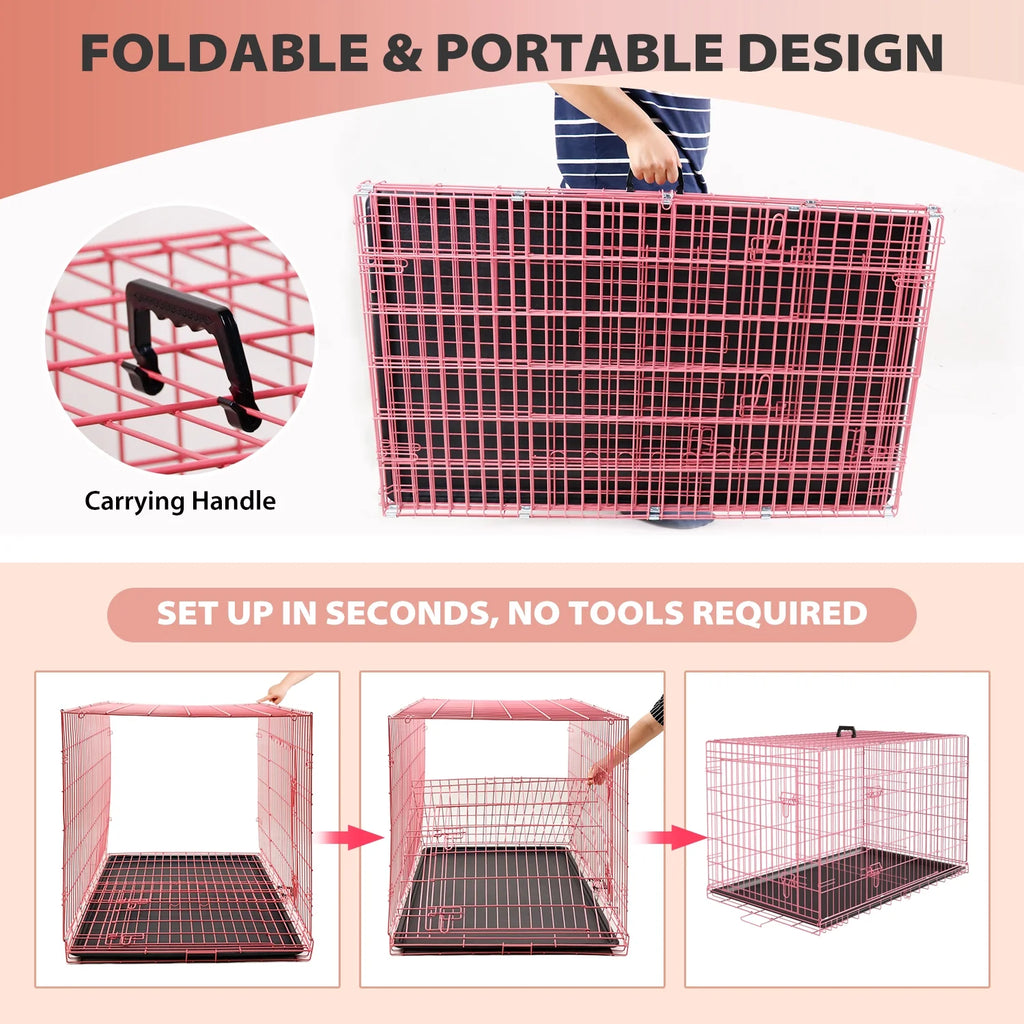 36 Inch Dog Crate, Dog Crates and Kennels Foldable Large Dog Crate for Large Dogs with Handle Double-Door Outdoor Metal Wire Dog Cage with Plastic Tray for Medium Dogs, Pink