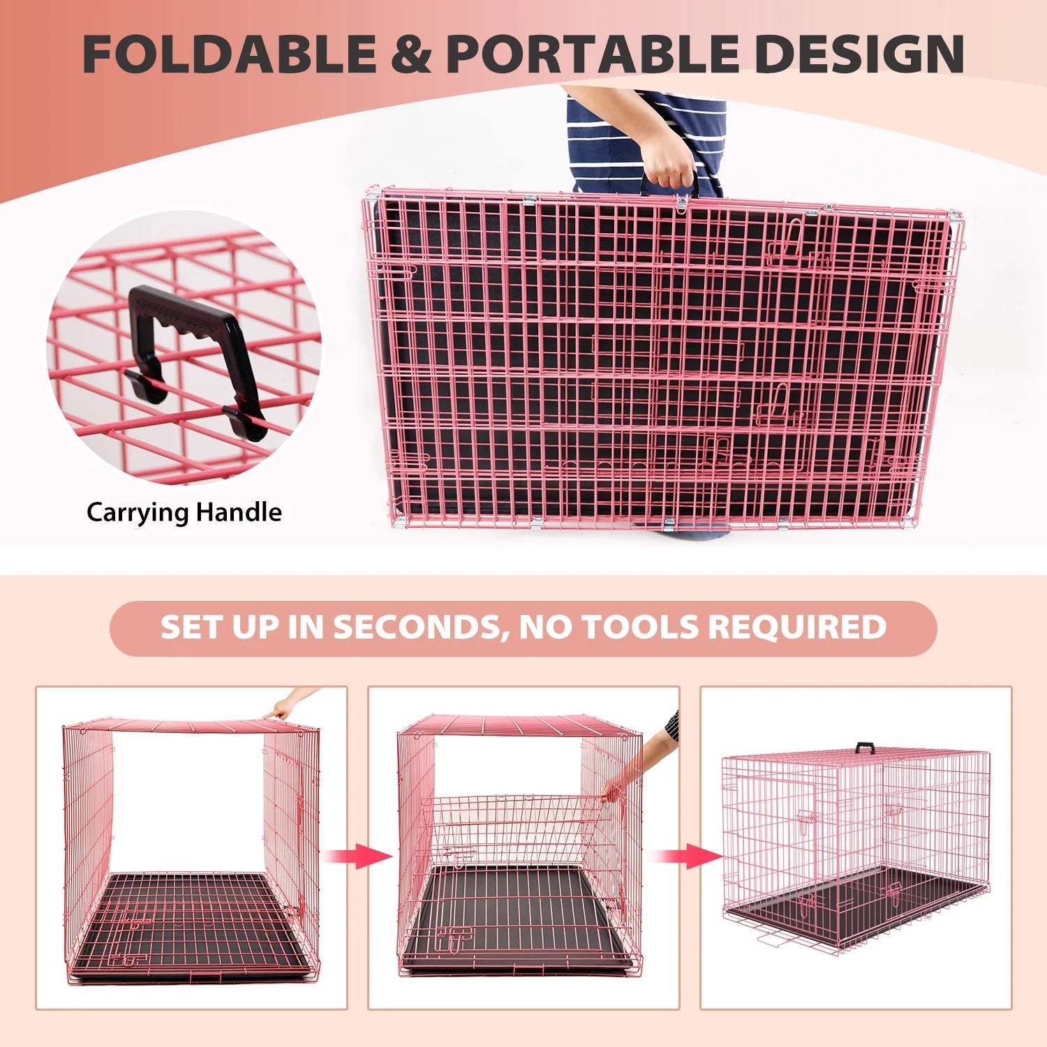 36 Inch Dog Crate, Dog Crates and Kennels Foldable Large Dog Crate for Large Dogs with Handle Double-Door Outdoor Metal Wire Dog Cage with Plastic Tray for Medium Dogs, Pink