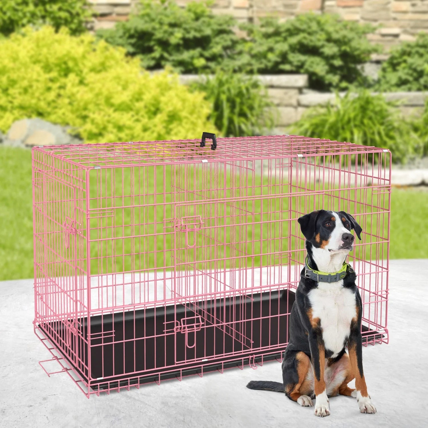 36 Inch Dog Crate, Dog Crates and Kennels Foldable Large Dog Crate for Large Dogs with Handle Double-Door Outdoor Metal Wire Dog Cage with Plastic Tray for Medium Dogs, Pink