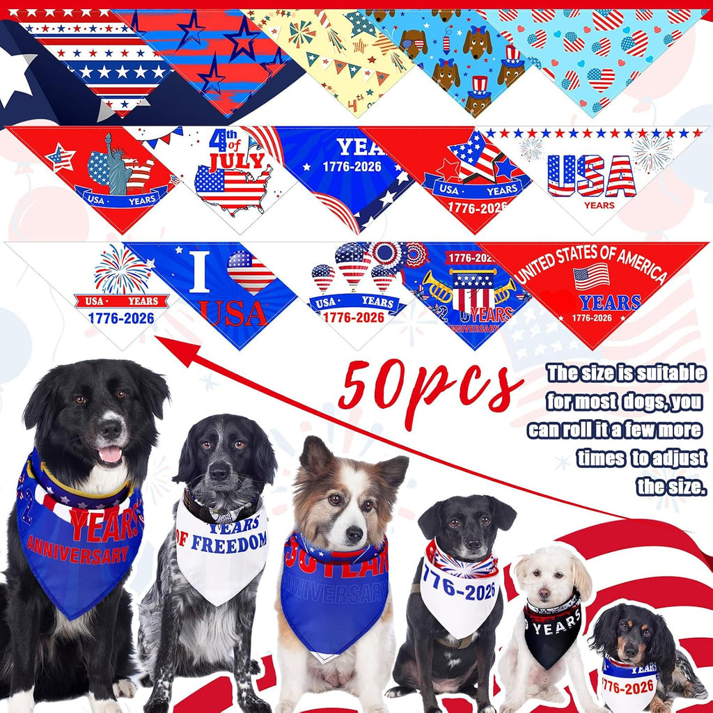50 Pcs 4Th of July Dog Bandanas 250Th Anniversary Pet Bandanas Bulk Independence Day Triangle Pet Bibs Scarf for Medium Large Dog 4Th of July 250Th Festival Costume