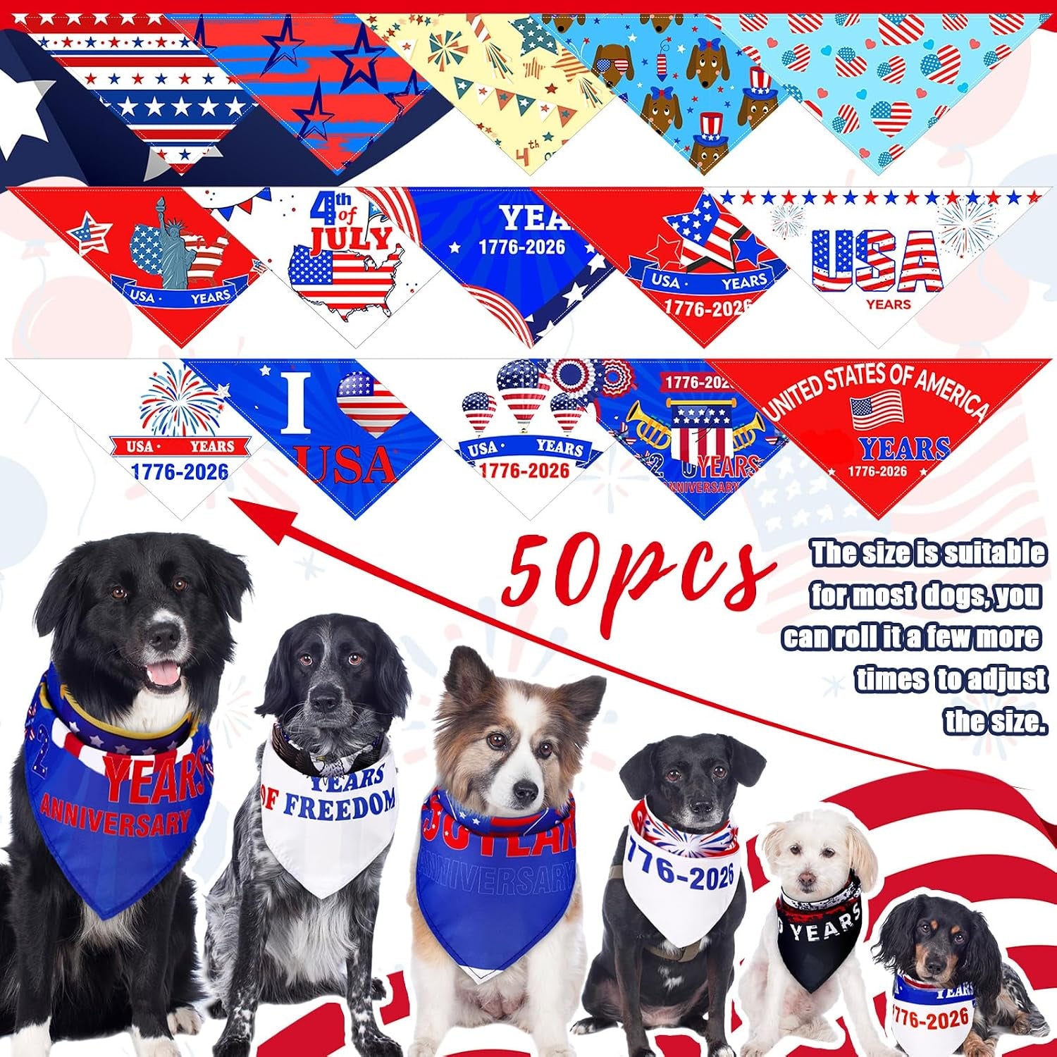 50 Pcs 4Th of July Dog Bandanas 250Th Anniversary Pet Bandanas Bulk Independence Day Triangle Pet Bibs Scarf for Medium Large Dog 4Th of July 250Th Festival Costume