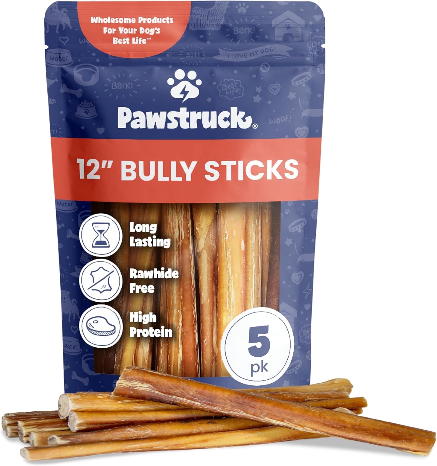 100% Natural 12-In Bully Sticks for Dogs - Tough Long-Lasting Rawhide-Free Single Ingredient Beef Pizzle Chew Treats for Medium & Large Dogs, Aggressive Chewers - 5 Count Pack