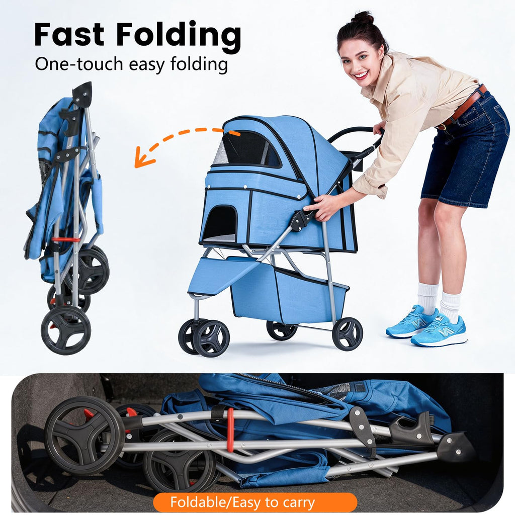| 3-Wheel Pet Stroller | Dog and Cat Stroller | Breathable Mesh | Lightweight Travel Carrier | Waterproof & Foldable Design | Storage Basket | Blue | for Daily Walks & Outdoor Use