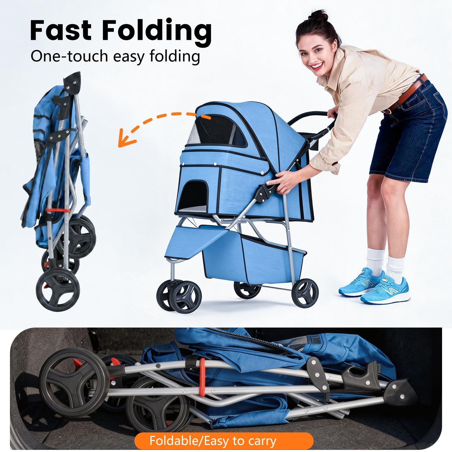 | 3-Wheel Pet Stroller | Dog and Cat Stroller | Breathable Mesh | Lightweight Travel Carrier | Waterproof & Foldable Design | Storage Basket | Blue | for Daily Walks & Outdoor Use
