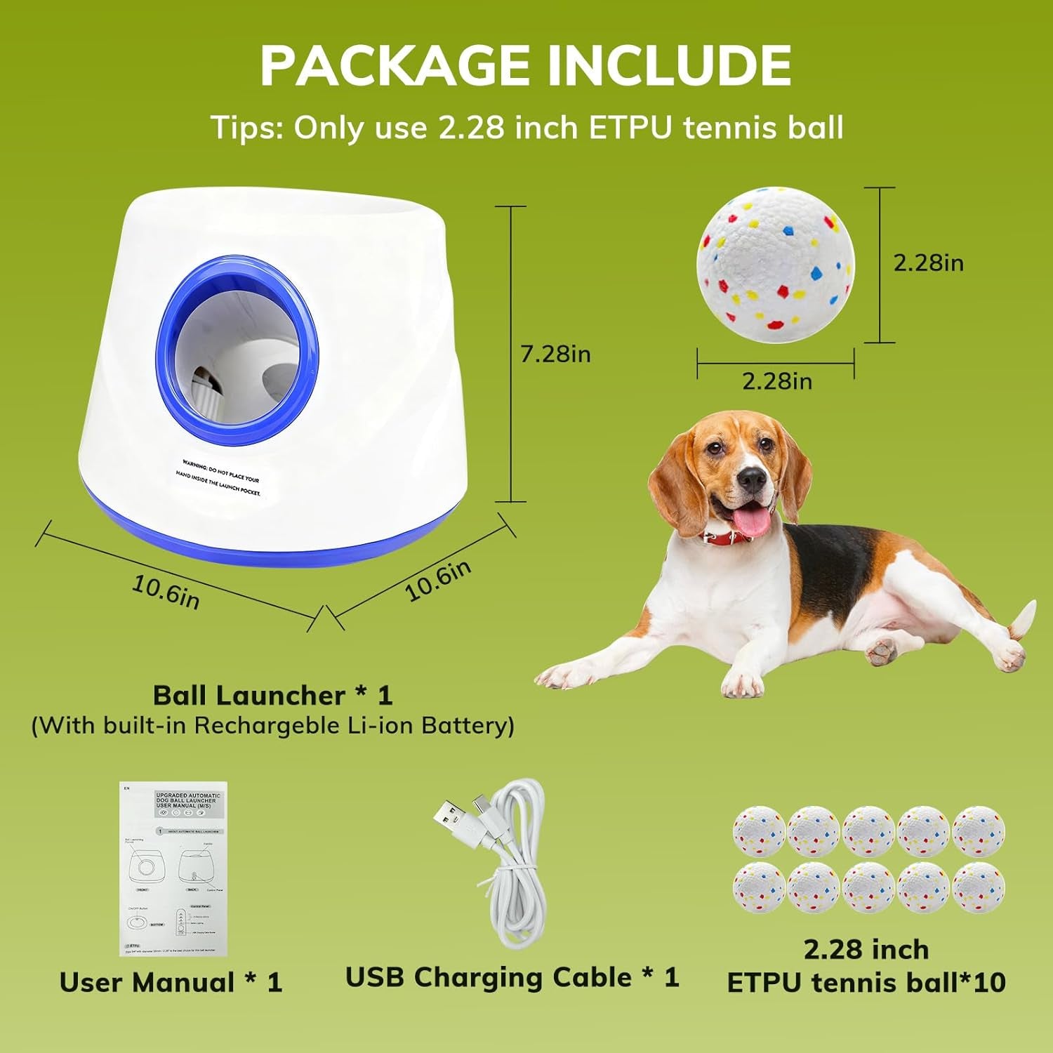 Dog Ball Launcher, Chuck It Ball Launcher, Dog Balls Thrower with 10 2.28-Inch Balls, 3 Adjustable Distances, Indoor/Outdoor Toy for Small/Medium Dogs, Rechargeable