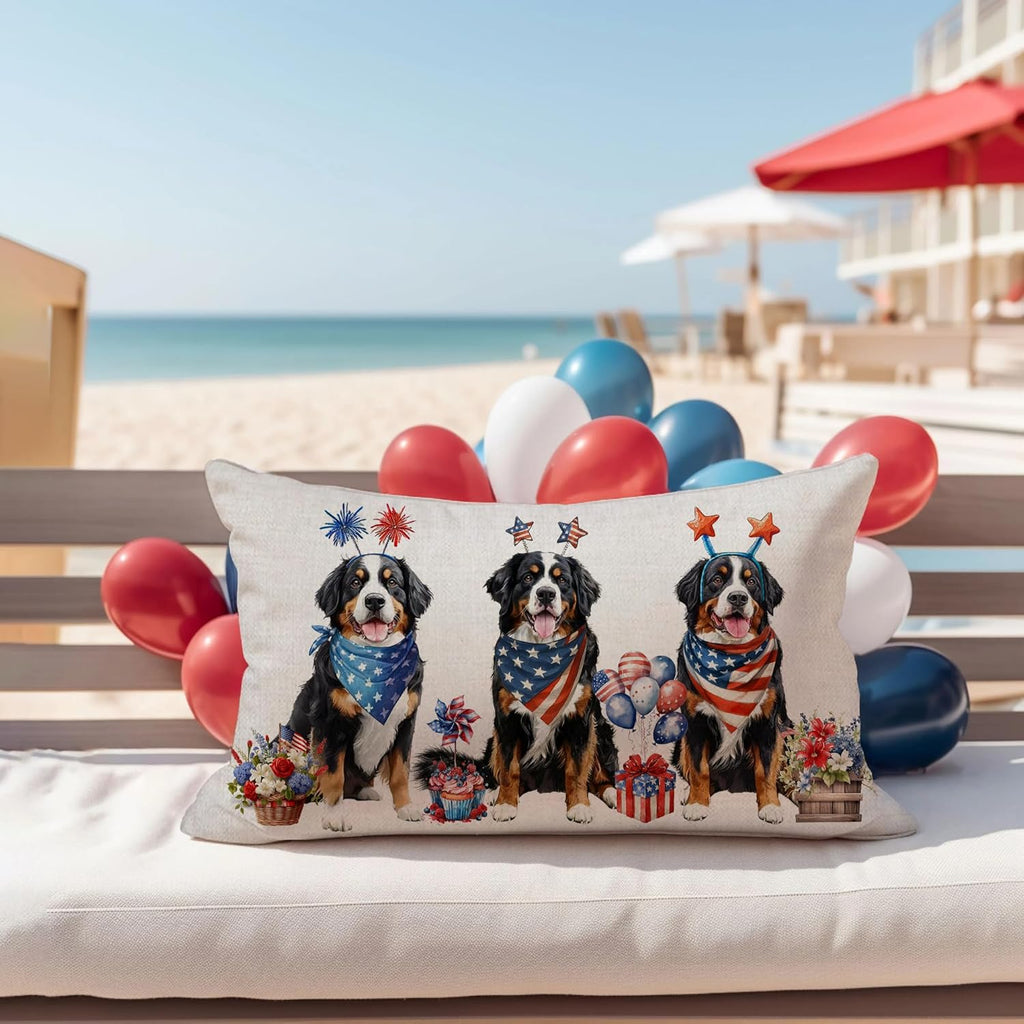 4Th of July Memorial Day Patriotic Lumbar Throw Pillow Cover,12X20 Inch Dog Flowers Independence Day American Fourth of July Decoration for Sofa Couch
