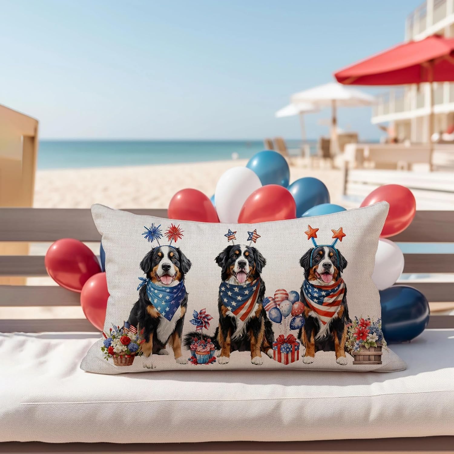 4Th of July Memorial Day Patriotic Lumbar Throw Pillow Cover,12X20 Inch Dog Flowers Independence Day American Fourth of July Decoration for Sofa Couch
