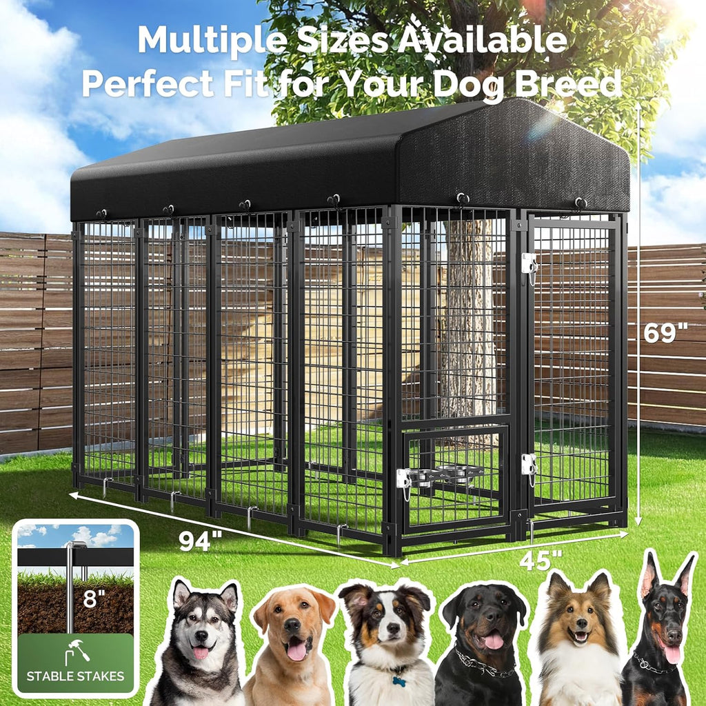 Outdoor Dog Kennel outside Run with Doggy Door, Swivel Feeder&Roof - 8X4X6Ft Large Dog Kennels Pens outside for Large Dogs Breed- Heavy Duty Cage Yard (Can Connect to Your Dog House)