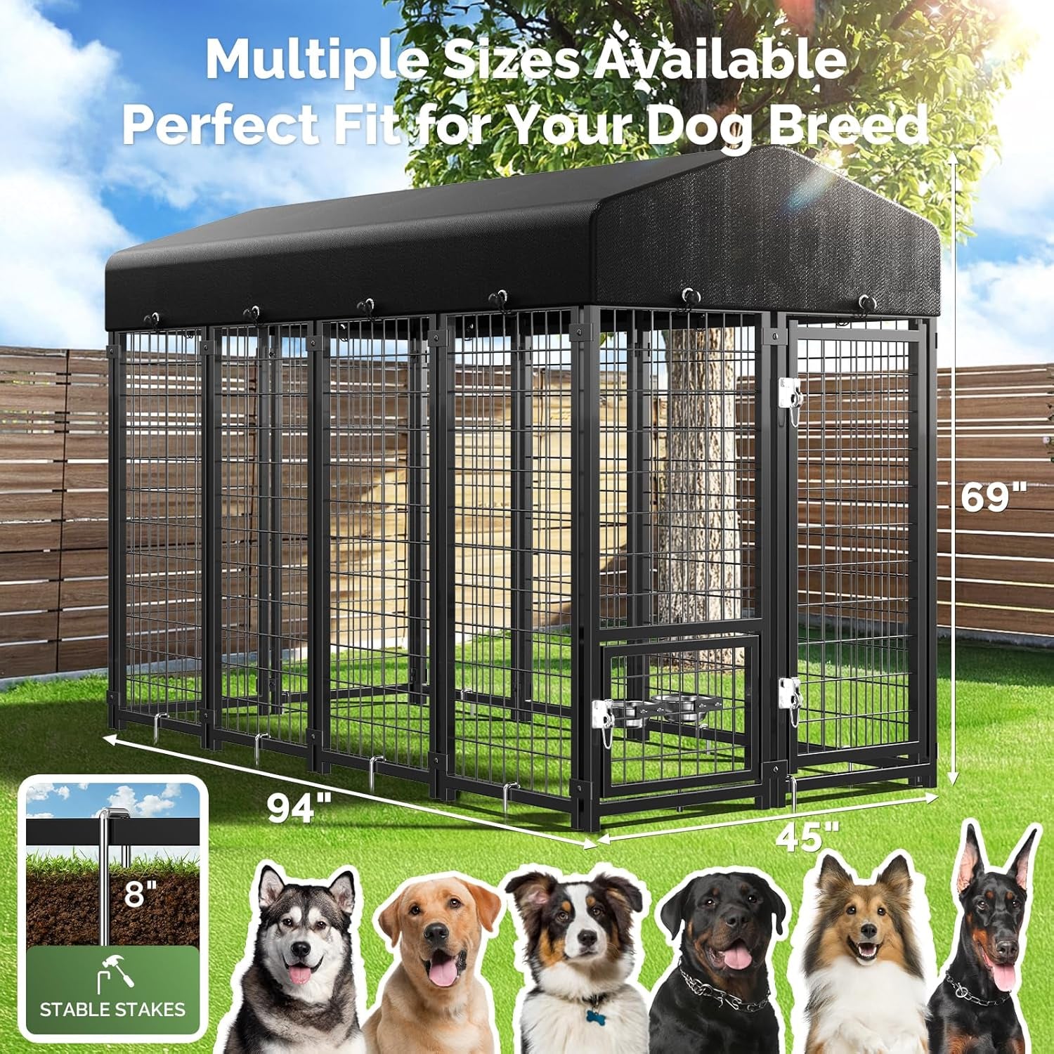 Outdoor Dog Kennel outside Run with Doggy Door, Swivel Feeder&Roof - 8X4X6Ft Large Dog Kennels Pens outside for Large Dogs Breed- Heavy Duty Cage Yard (Can Connect to Your Dog House)