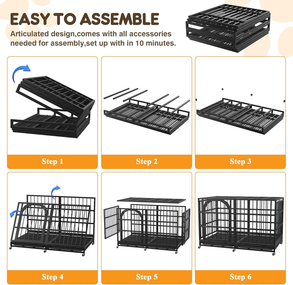 48 Inch Heavy Duty Dog Crate Indestructible Dog Kennel Large Indoor Escape Proof Big Cage for High Anxiety Large Dogs with Wheels, Locks and Removable Trays
