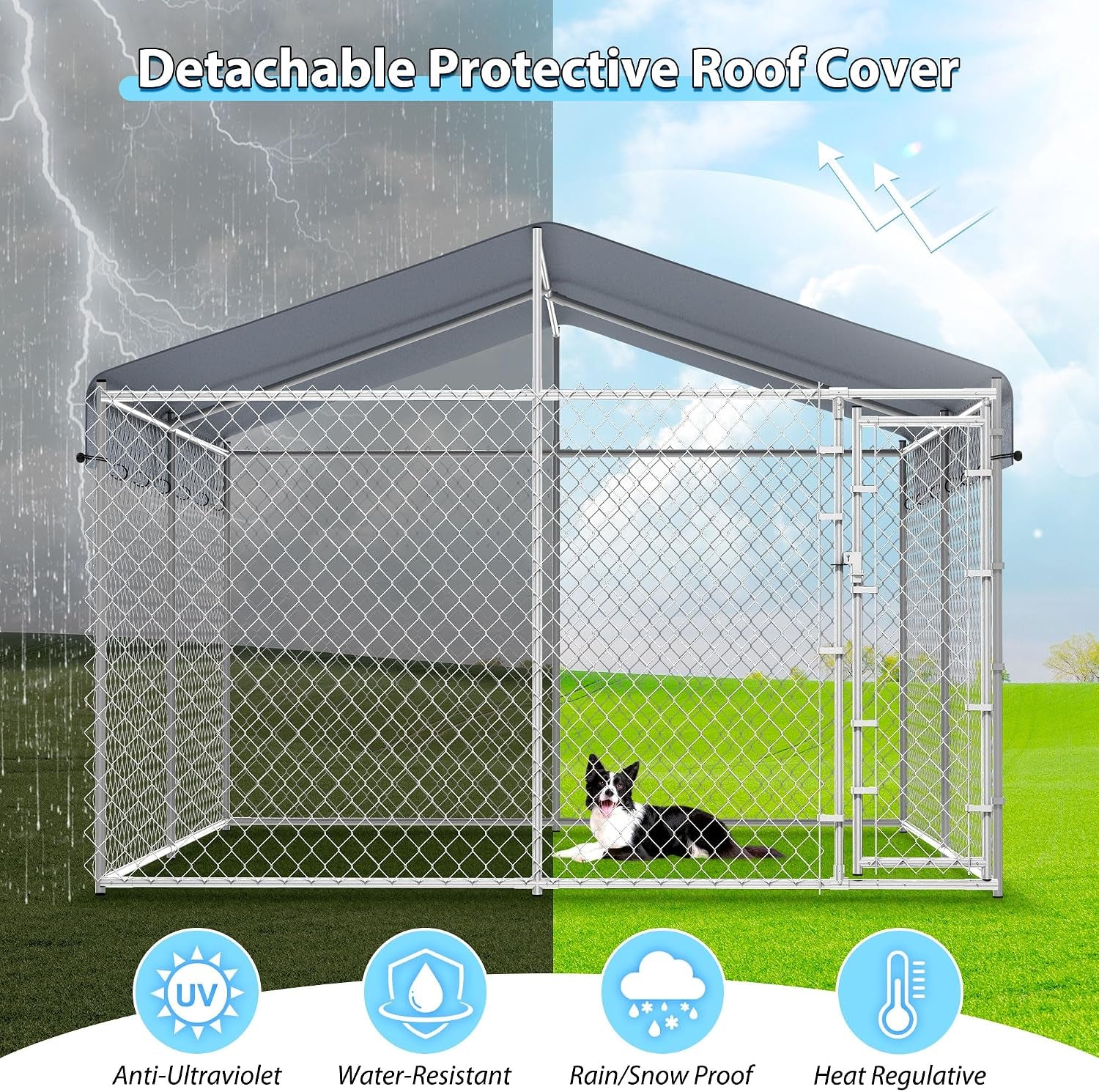 10X10Ft Extra Large Dog Kennel Outdoor, Heavy-Duty outside Dog Kennel with Roof, Security Latch-Lock Door, Chain-Link Dog Enclosure Dog Run for Yard with Cover