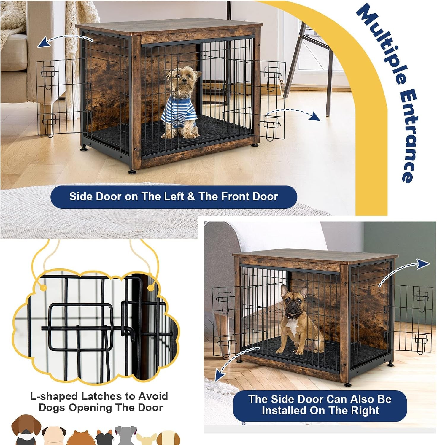 Dog Crate Furniture with Removable Tray/Felt Mat, Wood Dog Cage End Table for Small & Medium Dogs, Industrial Double Doors Chew-Proof Dog House Dog Kennel Indoor