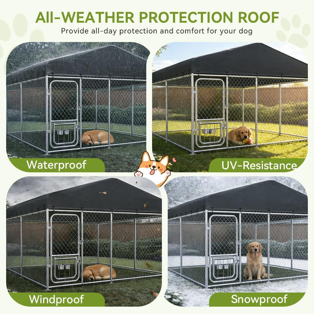 10×10FT Outdoor Dog Kennel with Adjustable Bowls Feeder Heavy Duty Extra-Large Dog Enclosure with Roof & Lock All Weather Resistant for Medium Large Dogs (Dark Black, 10X10Ft (124In)