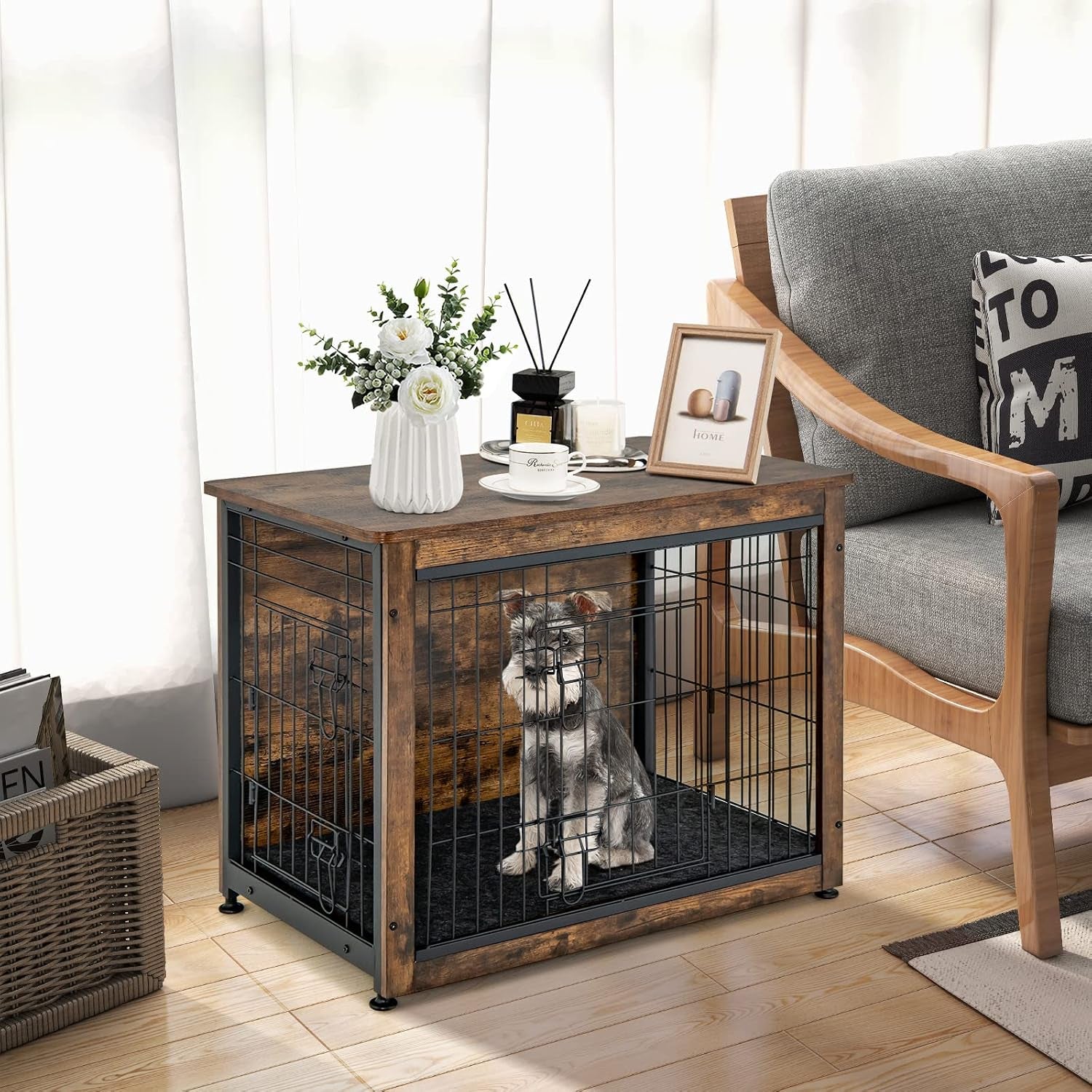 Dog Crate Furniture with Removable Tray/Felt Mat, Wood Dog Cage End Table for Small & Medium Dogs, Industrial Double Doors Chew-Proof Dog House Dog Kennel Indoor