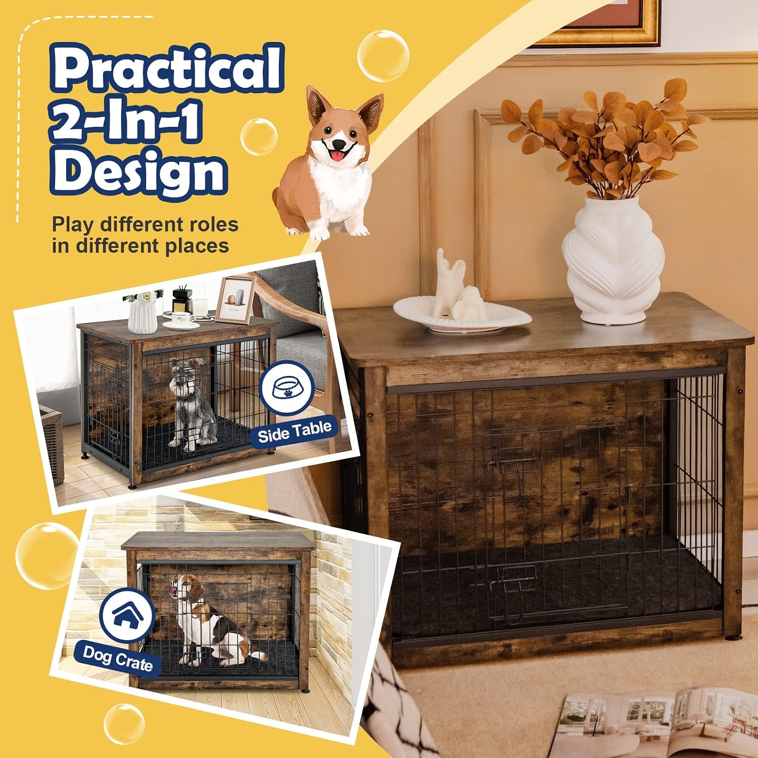 Dog Crate Furniture with Removable Tray/Felt Mat, Wood Dog Cage End Table for Small & Medium Dogs, Industrial Double Doors Chew-Proof Dog House Dog Kennel Indoor