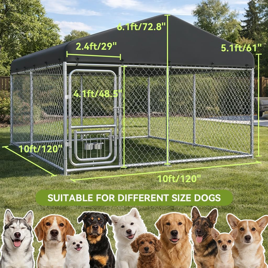 10×10FT Outdoor Dog Kennel with Adjustable Bowls Feeder Heavy Duty Extra-Large Dog Enclosure with Roof & Lock All Weather Resistant for Medium Large Dogs (Dark Black, 10X10Ft (124In)