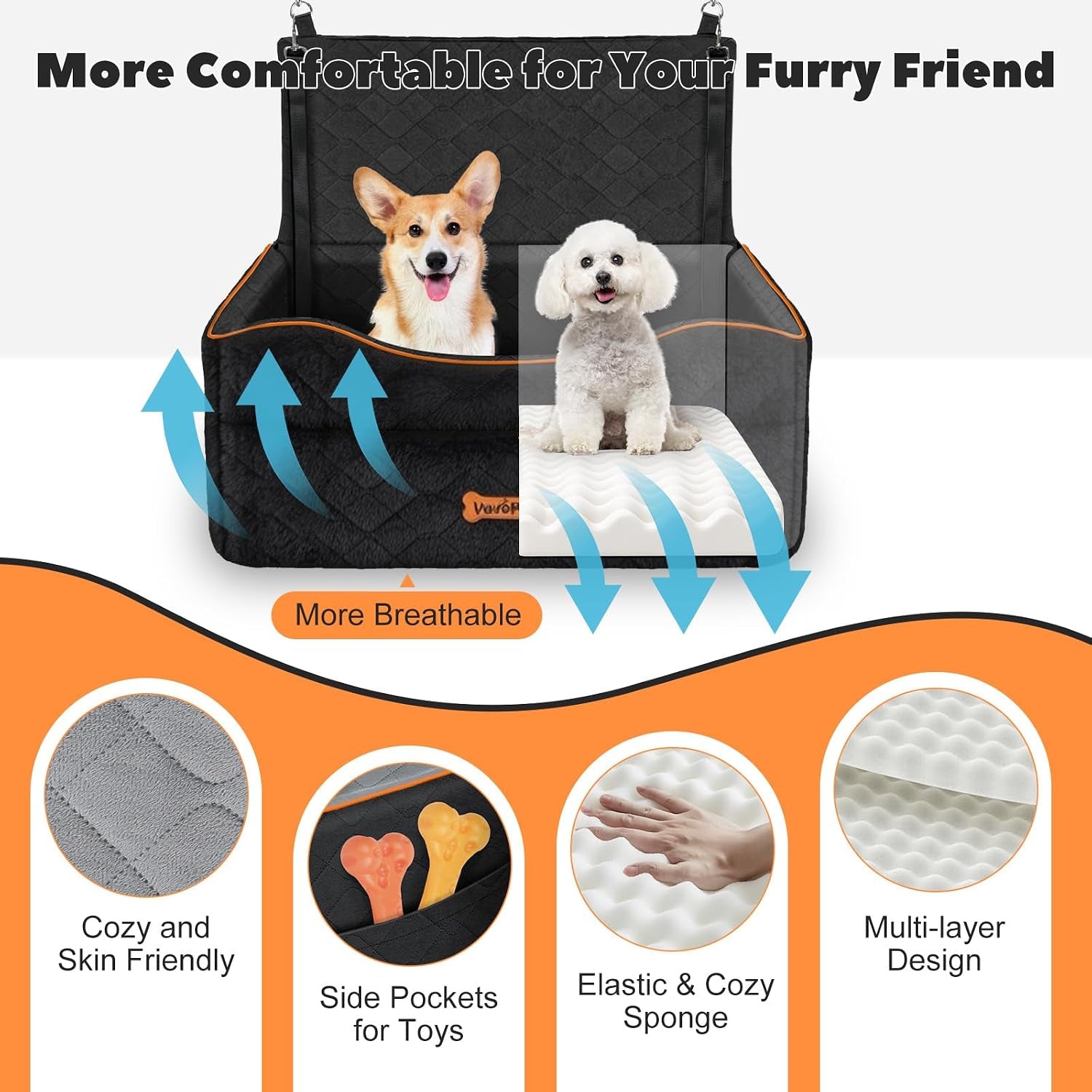 Medium Dog Car Seat, Dog Booster Seat under 50Lbs or 2 Small Dogs Washable, Pet Car Seats with 2 Safety Leash, Dogs Sofa Bed Cushion Add Thick Sponge, Pet Cars Carrier for Travel, Black
